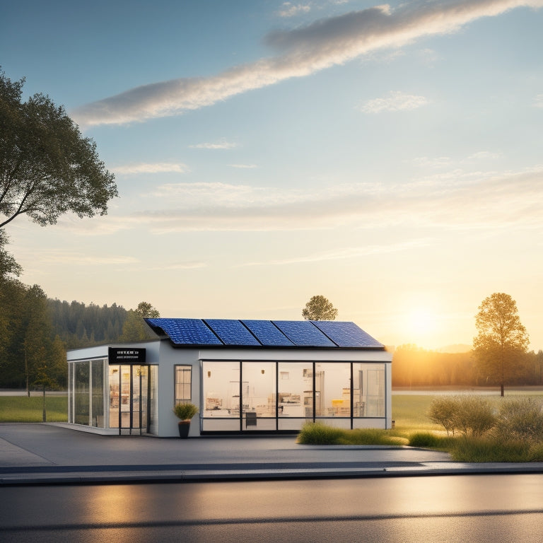 A serene, sunny landscape with a small business storefront in the distance, featuring solar panels on the roof, a battery storage system visible through a large window, and a subtle, glowing aura surrounding the building.