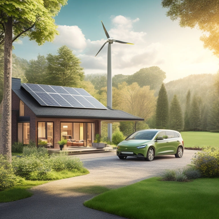 An illustration of a cozy, sustainable home surrounded by lush greenery, with solar panels on the roof, a wind turbine in the distance, and a electric vehicle parked in the driveway.