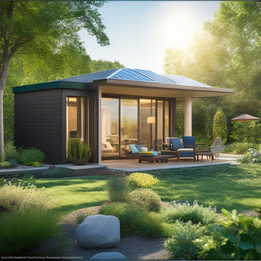 A cozy, modern home with solar panels, lush greenery, and energy-efficient windows, surrounded by a vibrant garden. Soft sunlight casts shadows, showcasing an inviting outdoor space with a compost bin and rainwater harvesting system.