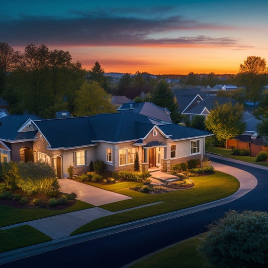 A serene suburban neighborhood at dusk with solar panels on rooftops, a few homes with battery storage units visible in driveways or backyards, and a subtle glow emanating from the batteries.