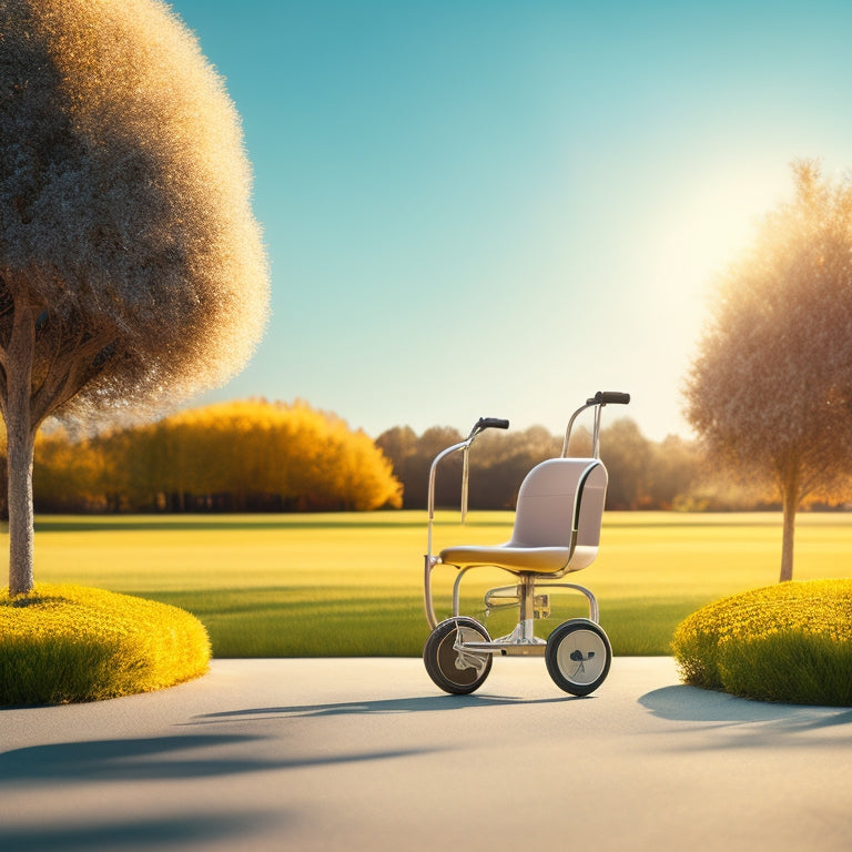 A serene, minimalist illustration depicting a wheelchair, walker, and mobility scooter, powered by sleek lithium-ion batteries, set against a warm, sunny background with subtle hints of nature.