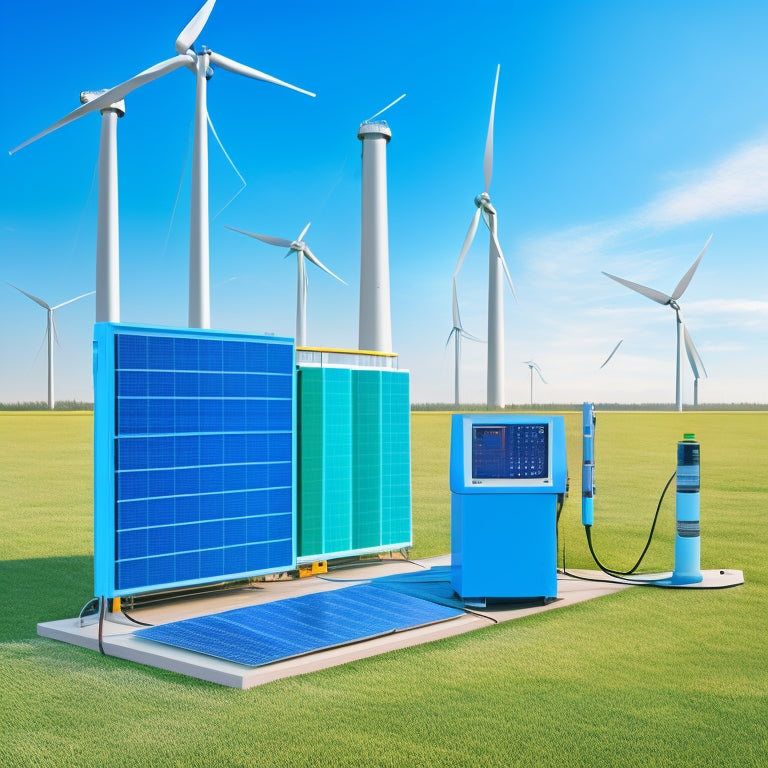 An illustration of a renewable energy system with a prominent inverter at its center, surrounded by gauges, wires, and components, set against a subtle gradient of blue to green, symbolizing efficiency and eco-friendliness.