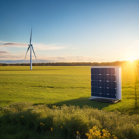 A sleek solar inverter system positioned in a sunlit field, surrounded by solar panels, with vibrant green landscapes and a clear blue sky, showcasing the harmony of technology and nature in renewable energy.