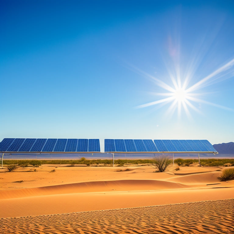 A serene, sunny desert landscape with a solitary, sleek, and modern solar panel array in the foreground, surrounded by endless dunes and a clear blue sky with a few wispy clouds.