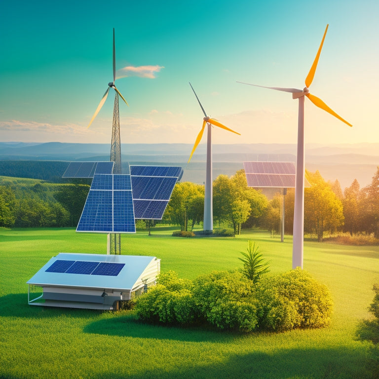 An illustration of a wind turbine and solar panels powering a cell tower, surrounded by lush greenery, with a subtle grid of connected devices in the background, symbolizing sustainable connectivity.