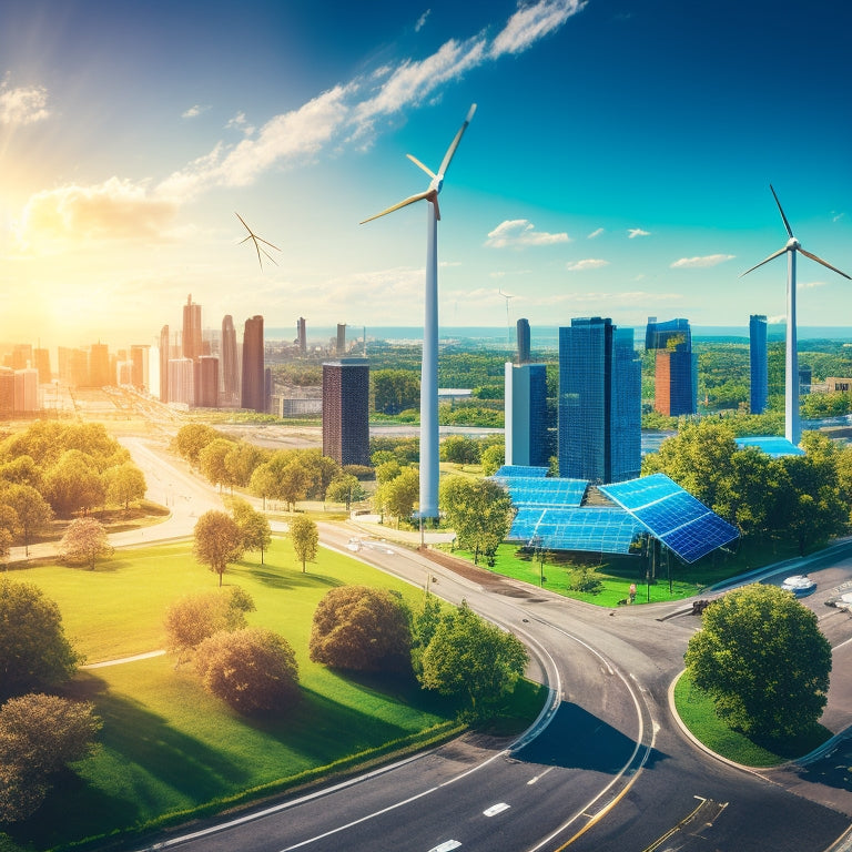A vibrant city skyline with solar panels and wind turbines, lush green parks, and electric vehicles, showcasing diverse people using clean energy, under a bright blue sky with fluffy clouds, symbolizing innovation and sustainability.