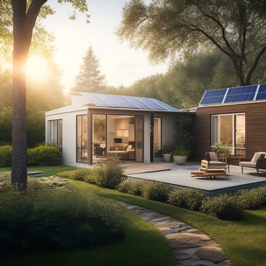A serene backyard with a modern, sleek solar panel array on the roof, surrounded by lush greenery, with a subtle sun shining down, casting a warm glow on the entire scene.