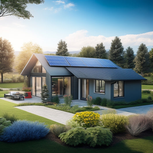 A sleek home with solar panels on the roof, a wind turbine in the yard, and a lush garden surrounding energy-efficient appliances, all harmoniously integrated into a sunny, vibrant landscape.