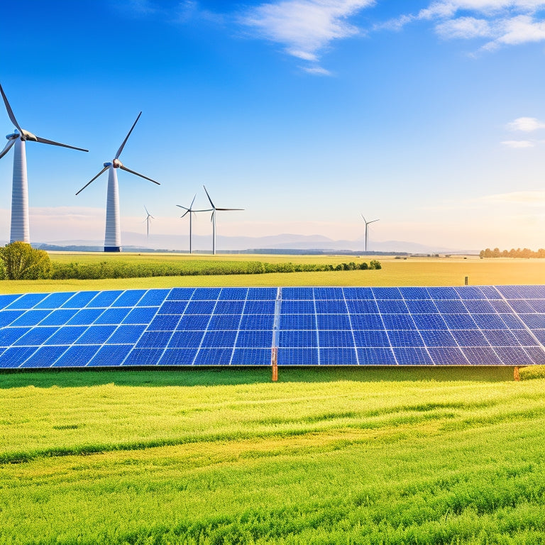 A serene landscape showcasing a solar panel array and wind turbines, with a sleek battery backup system in the foreground, vibrant green fields, clear blue sky, and sunlight reflecting off the panels.
