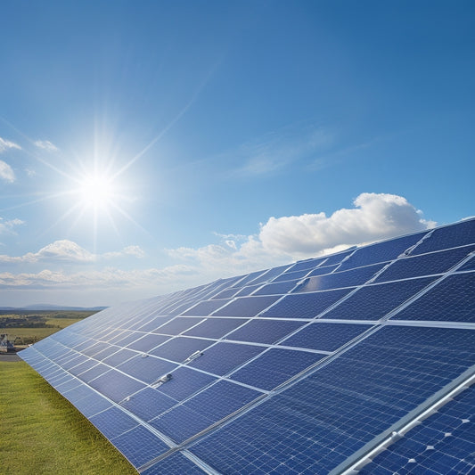 A photorealistic image of a rooftop solar panel installation with sleek, anodized aluminum rails, sturdy clamps, and a slight angle to maximize energy harvesting, set against a clear blue sky with a few wispy clouds.