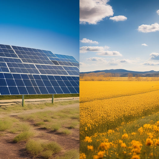 A split-screen image: a sunny landscape with solar panels in the background, and a foreground with various battery types (lead-acid, lithium-ion, etc.) with price tags and measurement scales.