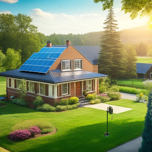 A serene suburban home with solar panels on the roof, a small wind turbine in the yard, and a battery bank visible through a window, surrounded by lush greenery and a sunny sky.