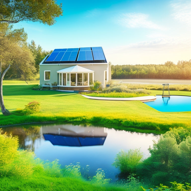 A serene, modern home surrounded by lush greenery, with solar panels on the roof, a wind turbine in the background, and a small pond with a water wheel, amidst a bright blue sky with fluffy white clouds.
