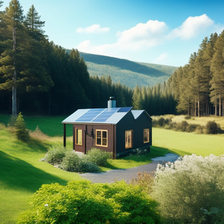 A serene off-grid cabin surrounded by lush greenery, with a sloping roof covered in sleek black solar panels, a small wind turbine in the distance, and a clear blue sky with a few puffy clouds.