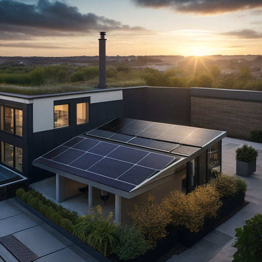 A serene residential rooftop with sleek, black solar panels installed in a staggered formation, accompanied by a compact, metallic battery storage unit with a subtle LED glow.