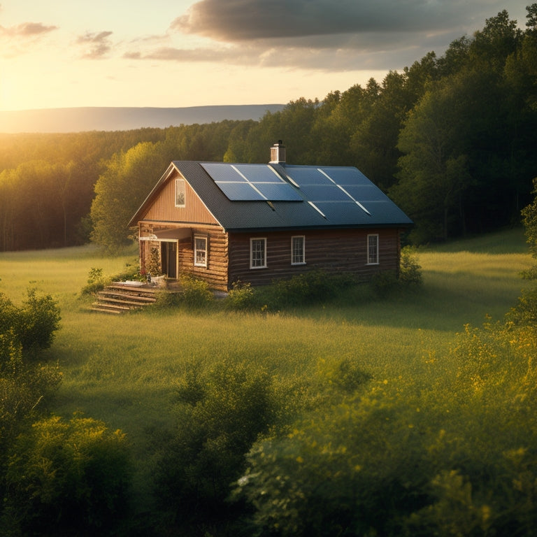 A serene, sun-kissed rural landscape with a rustic cabin in the distance, featuring a DIY-installed off-grid solar panel kit on the rooftop, amidst lush greenery and scattered solar panels.