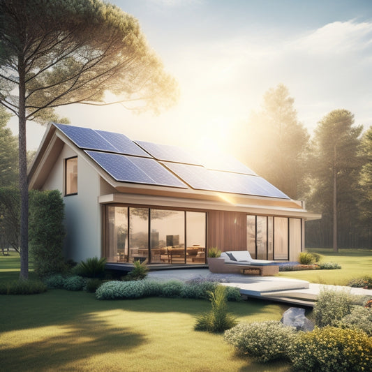 A serene illustration of a modern house surrounded by orbiting solar panels, with gentle sunlight rays and subtle planetary shadows, blending technology and nature in harmony.