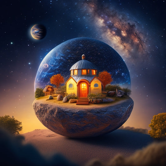 A whimsical illustration of a tiny house orbiting the sun, surrounded by eight miniature planets, each with unique landscapes and features, amidst a starry night sky with subtle nebulae.
