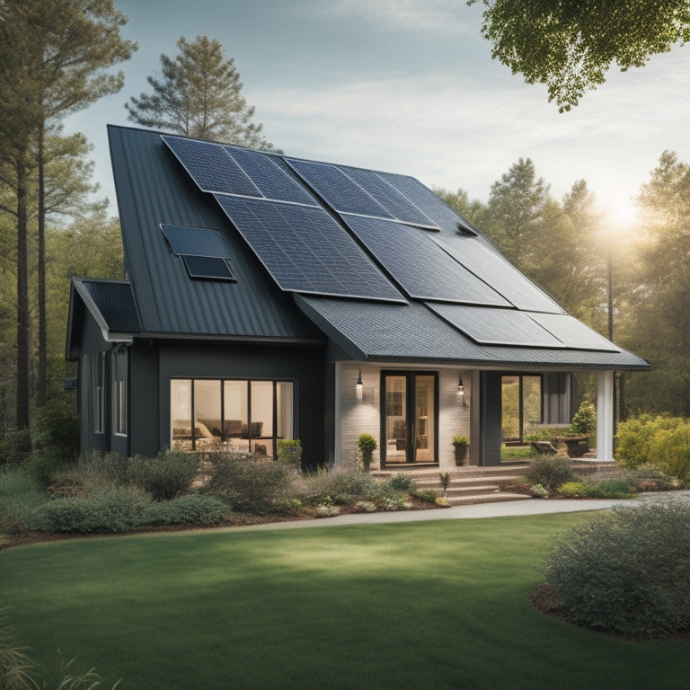 A serene suburban home with a pitched roof, surrounded by lush greenery, featuring a sleek, black solar panel array installed at a 30-degree angle, with shiny aluminum mounting rails and sturdy clamps.