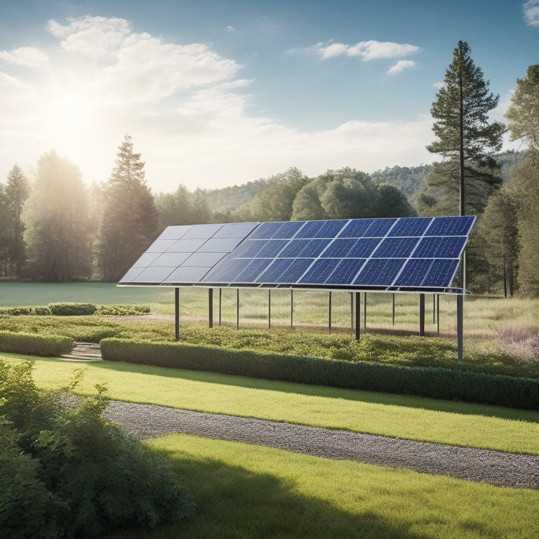 A serene landscape featuring a sleek, modern solar panel array surrounded by lush greenery, with a few deep cycle batteries discreetly placed in the background, amidst a sunny, cloudless sky.
