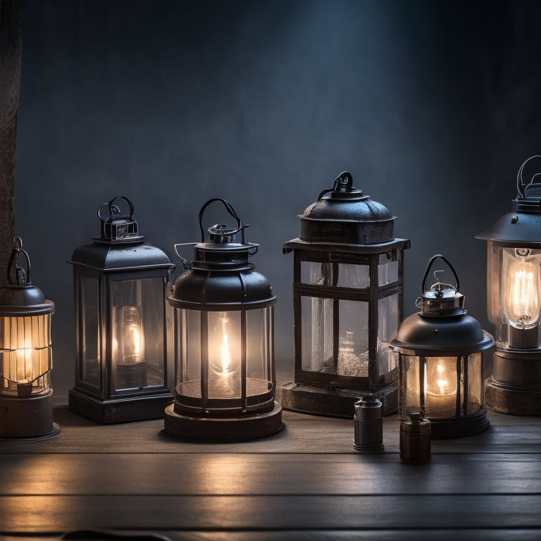 An array of various portable lanterns in a darkened room, showcasing their warm glow; some lanterns are sleek and modern, others vintage, with different colors and sizes, surrounded by emergency kit items like batteries and flashlights.