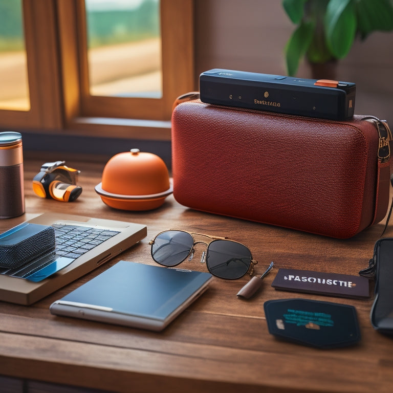 A sleek, modern battery power pack lies on a wooden table, surrounded by travel essentials: a globe, a passport, sunglasses, and a laptop, with soft natural light illuminating the scene.