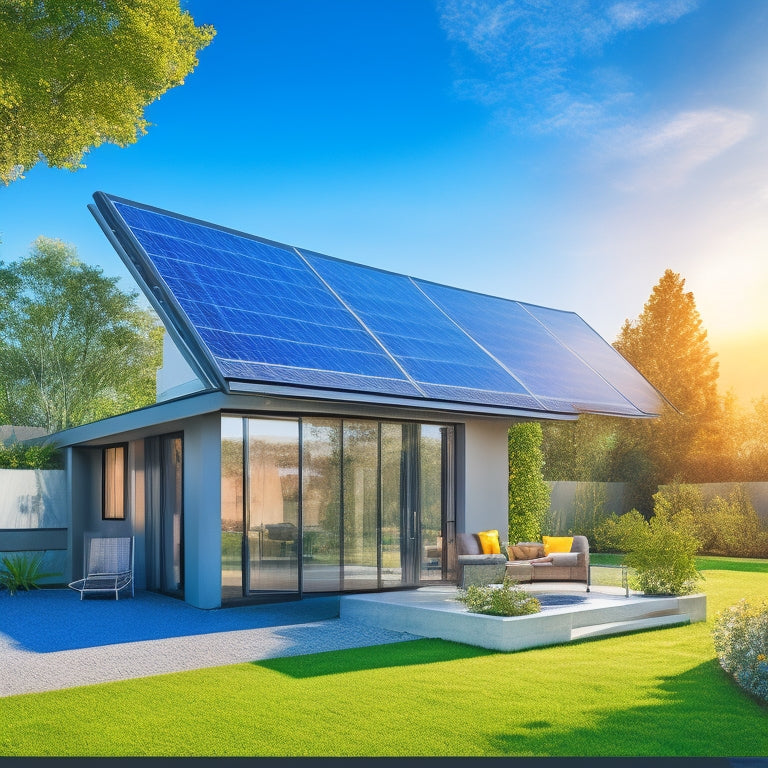 A futuristic smart home with solar panels on the roof, a wind turbine in the backyard, and a sleek, touch-screen control panel on the wall, surrounded by lush greenery and a bright blue sky.