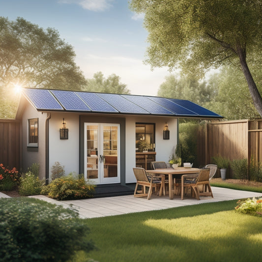 A serene backyard scene with a compact solar panel array on a roof, connected to a sleek, wall-mounted battery storage unit, surrounded by lush greenery and a few outdoor furniture pieces.