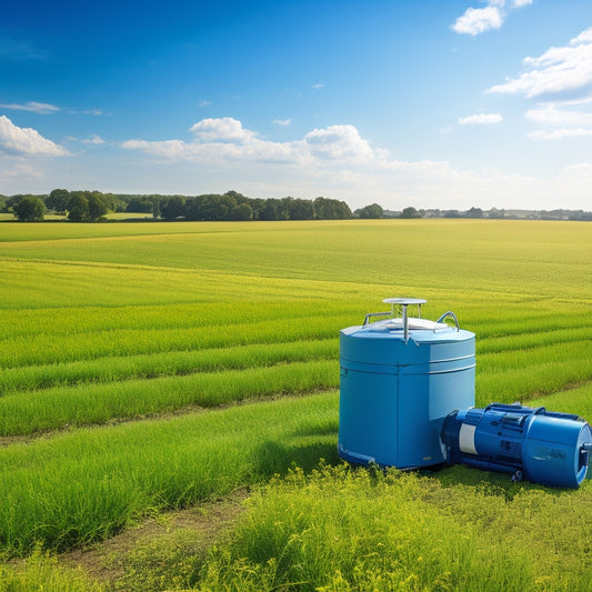 A rural landscape with a portable generator and water pump system, surrounded by lush green crops, with a hose snaking through the fields, under a bright blue sky with few white clouds.