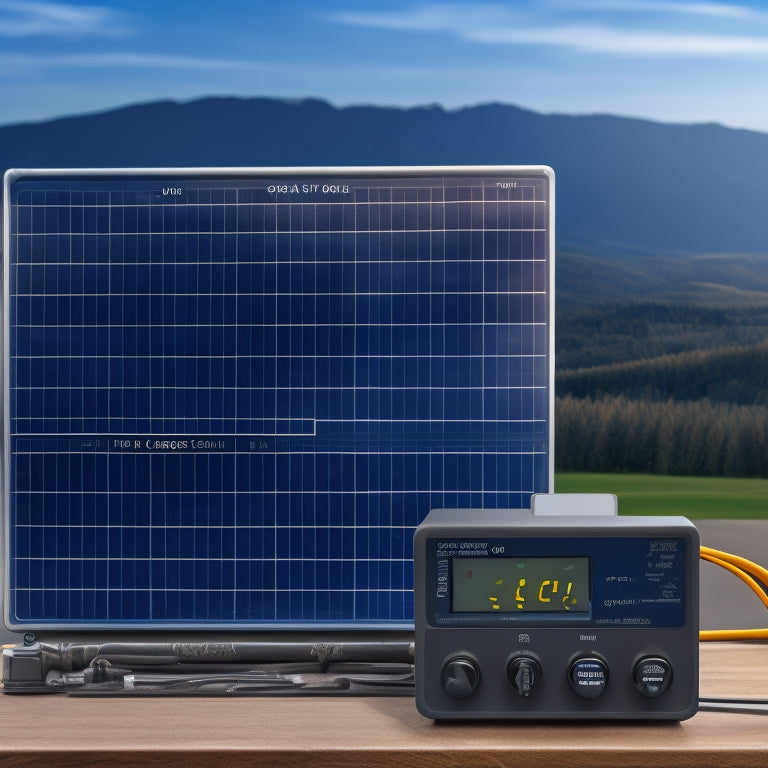An illustration of a solar panel, battery, and charge controller interconnected, with gauges, dials, and meters displaying voltage, current, and temperature, set against a clean, modern, and minimalist background.
