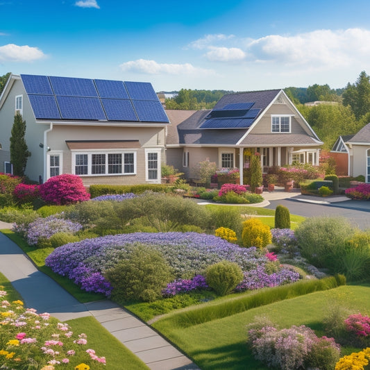 A serene suburban neighborhood with solar panels installed on rooftops, surrounded by blooming flowers and lush greenery, under a bright blue sky with a few fluffy white clouds.