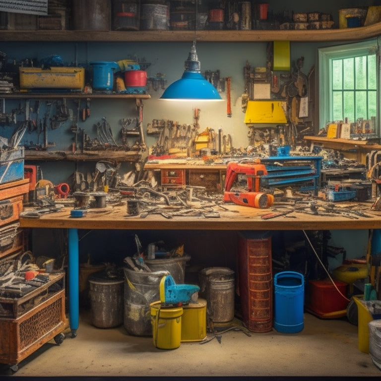 A cluttered workshop with scattered tools, wires, and manuals, featuring a central workspace with a half-assembled DIY project, surrounded by measuring tapes, levels, and a ladder in the background.