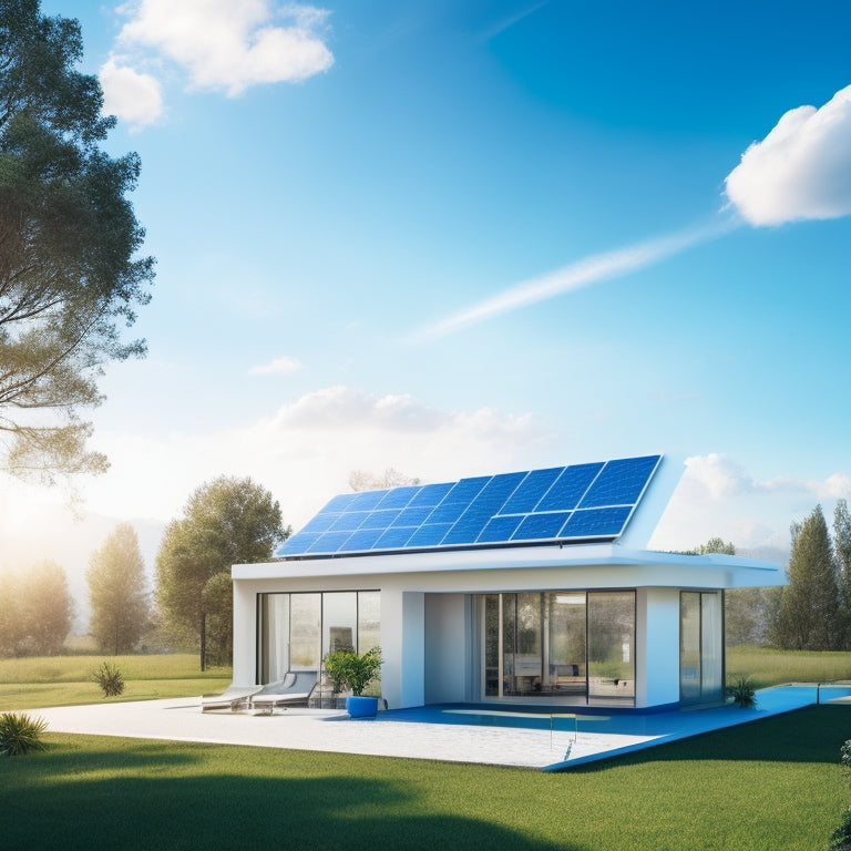 A futuristic illustration featuring a bright blue sky with white, puffy clouds, and a sleek, modern home with solar panels on the roof, surrounded by lush greenery and a subtle grid of interconnected batteries.
