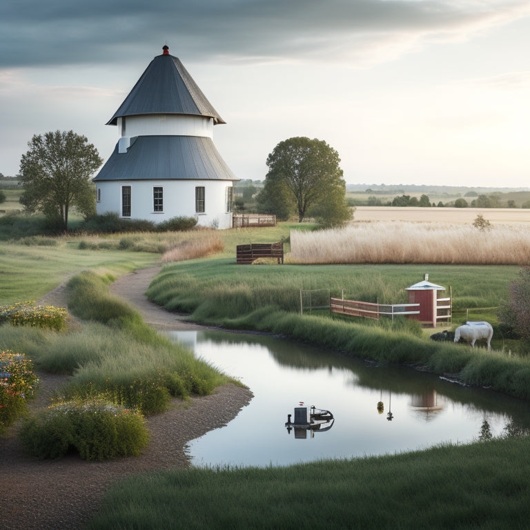A serene rural landscape with a small, modern farmhouse in the distance, a windmill, and a self-sustaining water collection system, including a rainwater harvesting tank and a garden.