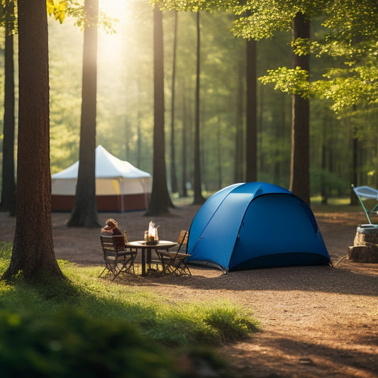A serene campsite under a canopy of trees, featuring a portable fan, ice cooler, and insulated water bottles beside a cozy tent, with sunlight filtering through leaves, creating a refreshing atmosphere.