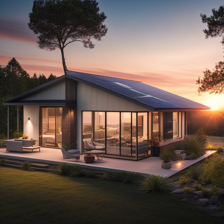 A modern home with solar panels on the roof, a sleek battery unit in the backyard, and a subtle glow of LED lights on the unit's display, set against a serene sunset background.