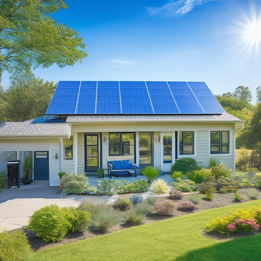 A sun-drenched suburban home adorned with sleek solar panels on the roof, vibrant green garden, and a bright blue sky, showcasing energy efficiency and sustainability in a peaceful, eco-friendly setting.