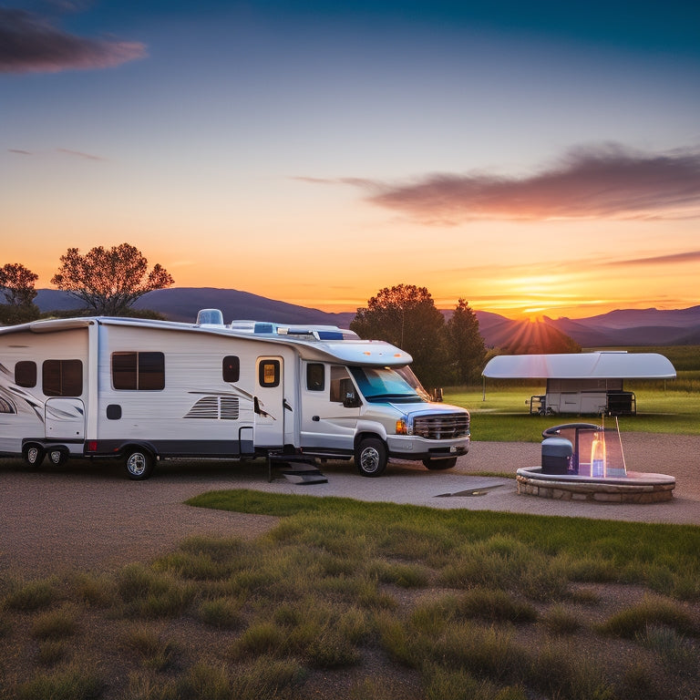 A serene RV campsite at sunset, with sleek solar panels integrated into the roof, a wind turbine spinning in the distance, and a battery monitor displaying a full charge on the exterior wall.