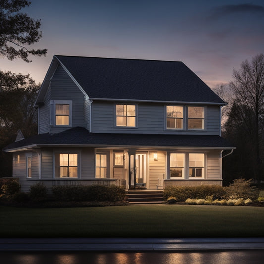 A dimly lit suburban home at dusk with a faint grid of solar panels on the roof, a sleek backup battery unit installed on the side of the house, and a subtle glow emanating from within.
