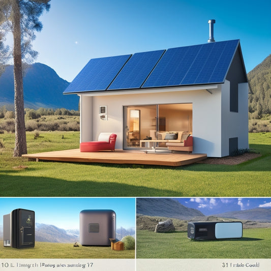 An illustration of a compact, modern home with various portable energy sources, including a foldable solar panel, a portable power bank, and a compact wind turbine, powering a laptop, lamp, and mini-fridge.
