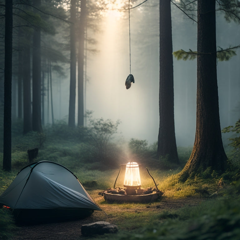 A serene forest campsite at dawn, with a hammock, sleeping bag, and backpack nearby, featuring a portable power bank, solar panel, and LED lantern, surrounded by lush greenery and misty atmosphere.