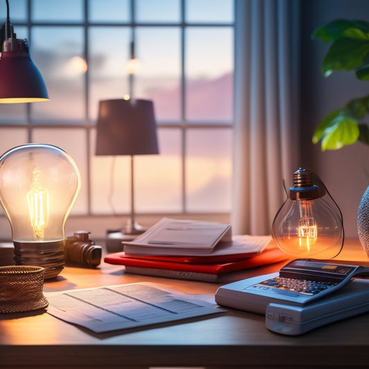A serene home setting with a glowing light bulb, a clipboard with checkmarks, and a calculator surrounded by colorful charts displaying electricity rates, all bathed in warm, inviting sunlight.