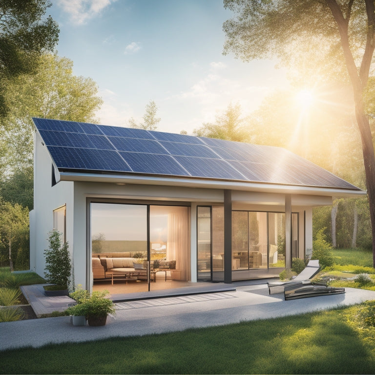A bright, modern home with open windows, solar panels on the roof, and a minimalist interior featuring energy-efficient appliances and LED light bulbs, surrounded by lush greenery and a sunny sky.