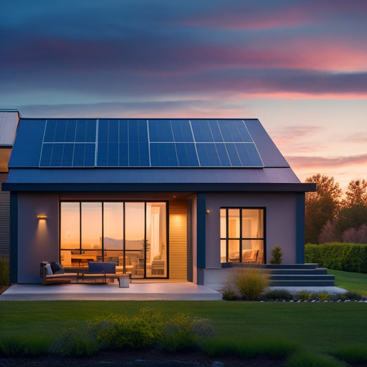 A modern home's exterior with a rooftop solar panel array, a sleek battery pack installed on the side of the house, and a subtle glow emanating from the windows at dusk.
