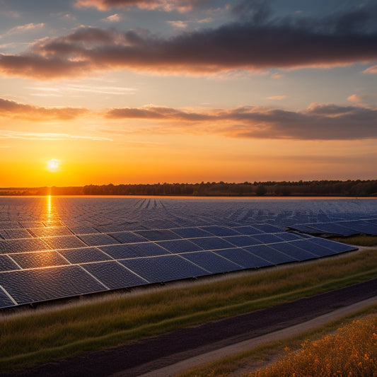 A serene landscape featuring a vast, sun-kissed field of sleek, black solar panels, angled towards the sky, with a few wispy clouds and a subtle, golden sunset glow.