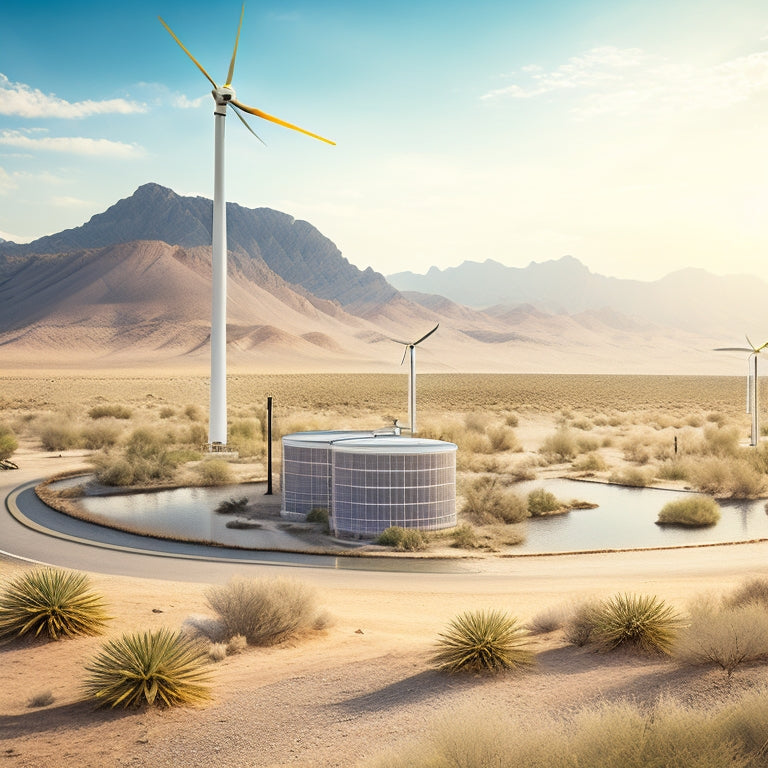 An illustration of a sunny desert landscape with a wind turbine and solar panels powering a water treatment facility, surrounded by water storage tanks and lush greenery.