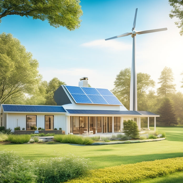 A serene, modern American home surrounded by lush greenery and solar panels on the roof, with a wind turbine in the distance and a bright blue sky with a few white, puffy clouds.