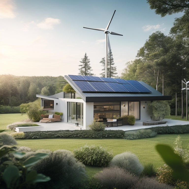 A serene, modern home with solar panels on the roof, surrounded by lush greenery, with a wind turbine in the distance, and a smart energy meter displaying a zero-carbon footprint.