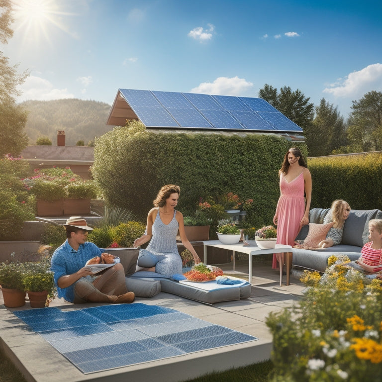 A sunny suburban rooftop adorned with sleek solar panels, surrounded by blooming gardens and a clear blue sky. A family enjoys a picnic on the lawn, showcasing a sustainable lifestyle.