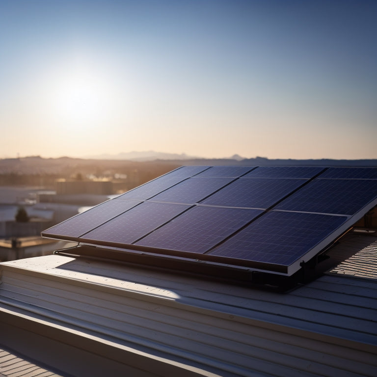 A photorealistic image depicting a sleek, black solar panel mounted on a white rooftop, connected to a compact inverter and a sturdy battery pack, surrounded by subtle sunlight and shadows.